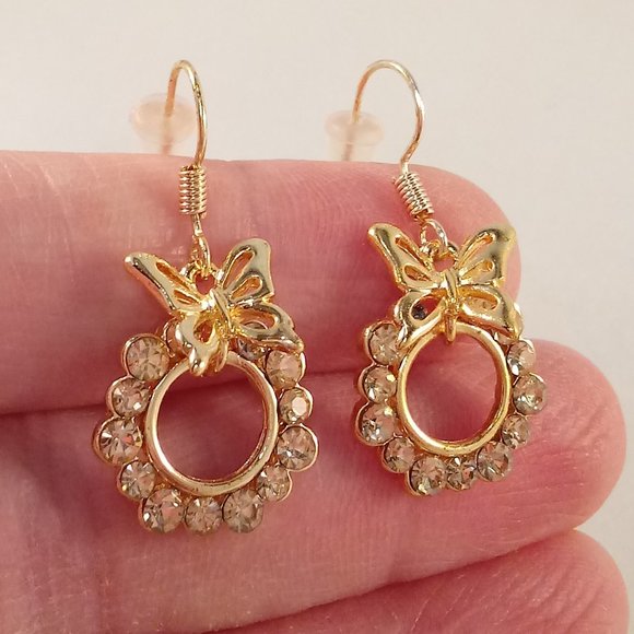 18K Yellow Gold Filled Butterfly Flower Pink Zircon Crystal Dangle Hook Earrings - Picture 3 of 3